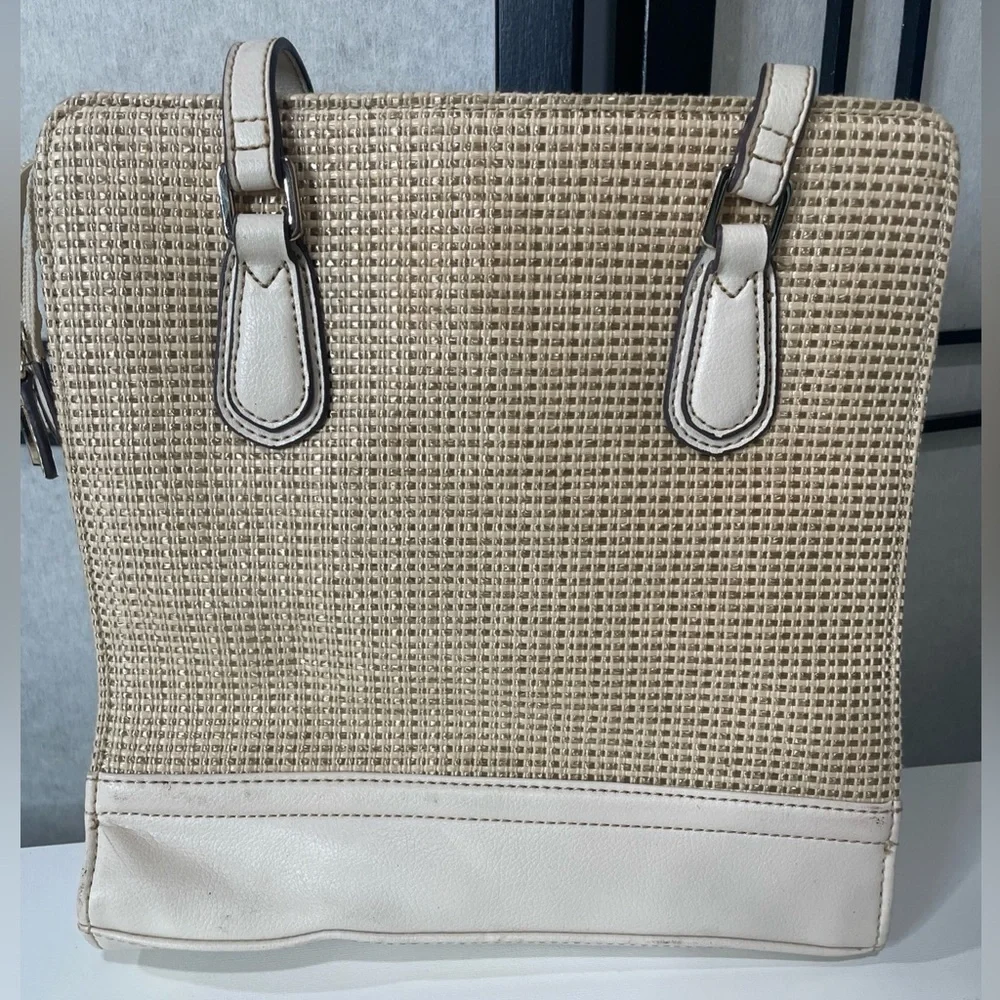 VTG Liz  Claiborne Woven Straw Pattern Purse Shoulder Bag Faux Trim